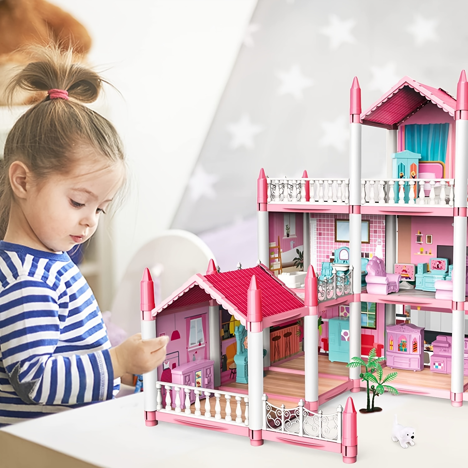 TEMI Casa de muñecas para niños de 3, 4, 5, 6 años para niñas, casa de  juegos de 3 pisos y 6 habitaciones con 2 muñecas figuras de juguete, casa  de