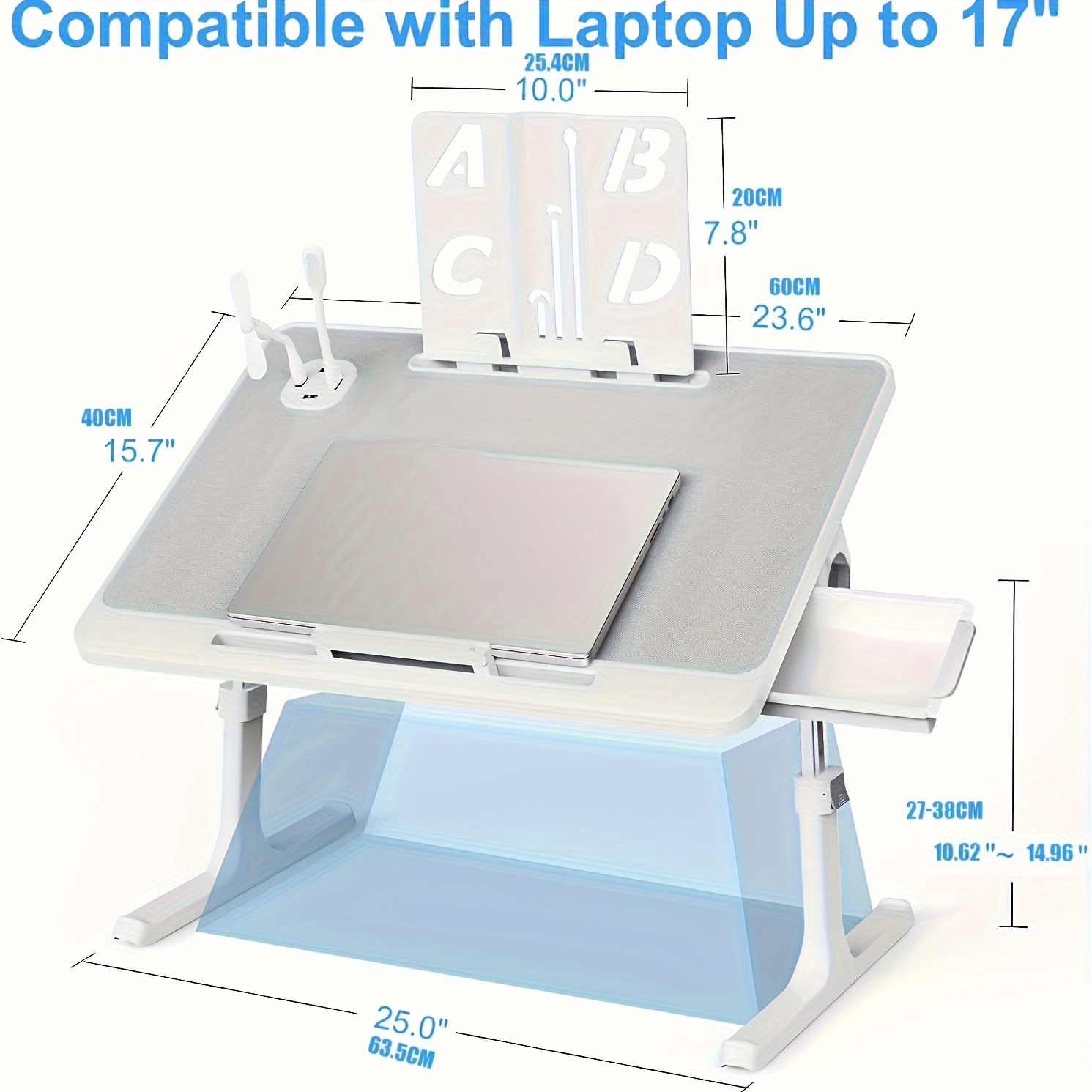 Foldable Lap Desk for Bed, Bed Tray Table with 4 USB Ports, Holder Slots, Cup Holder and Drawer, Laptop Desk Table with Mini Lamp, Fan, Portable