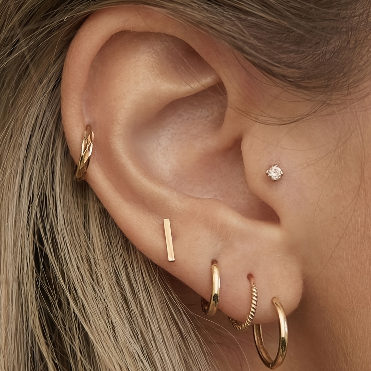 Women’s Earring Sets for Multiple Piercing: 14K Gold Plated Small Hoop  Earrings Tiny Flat Back Stud Earrings for Cartilage Helix Hypoallergenic  Set of