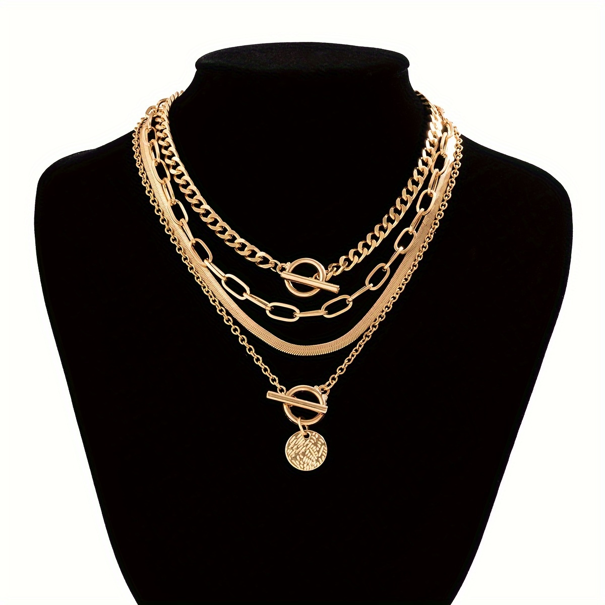 4pcs Vintage Minimalist Flat Snake Chain Metal Pendant Ot Clasp Multi-set Necklace Set