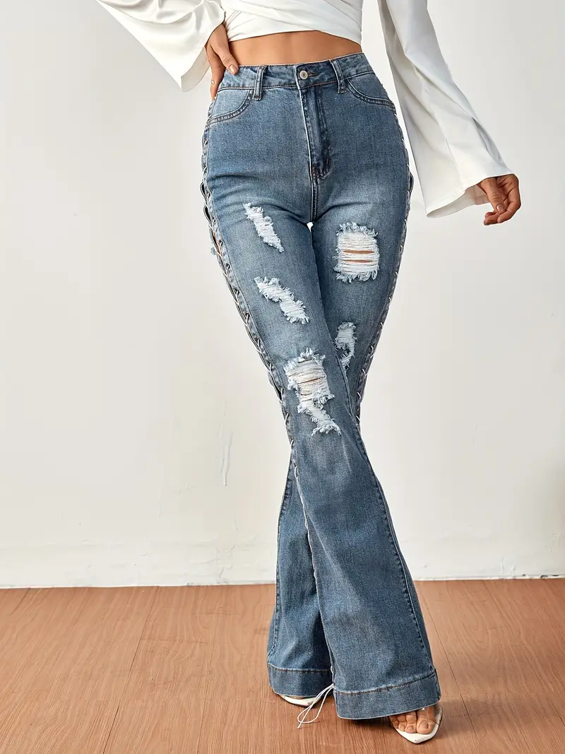 Blue Ripped Holes Flared Jeans Lace Distressed Bell Bottom - Temu