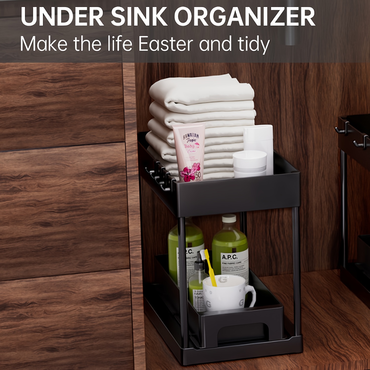 Under Sink Organizer, 2-Tier Slim Pull Out Sliding Storage Drawer