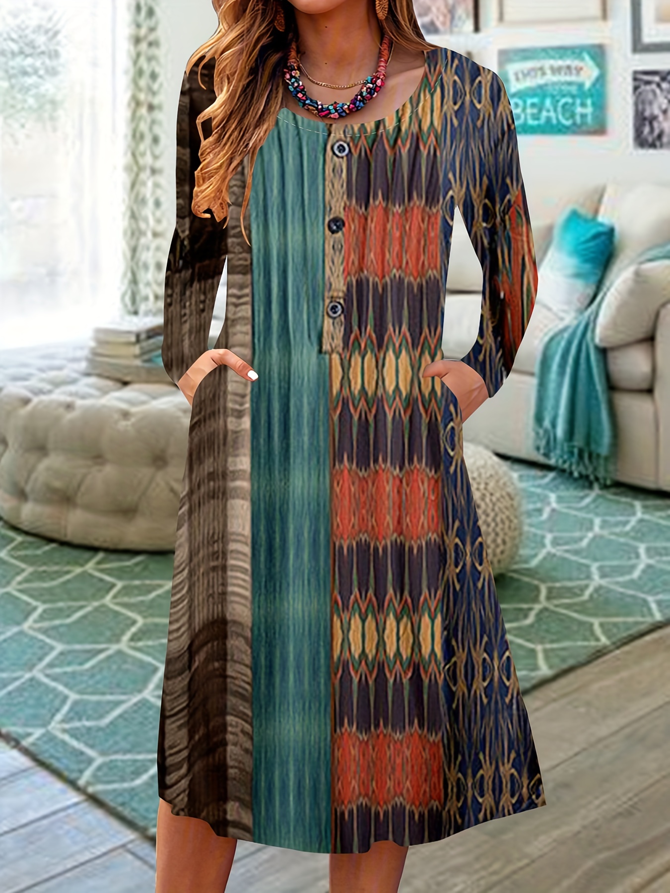 ethnic print midi dress casual button front long sleeve dress womens clothing