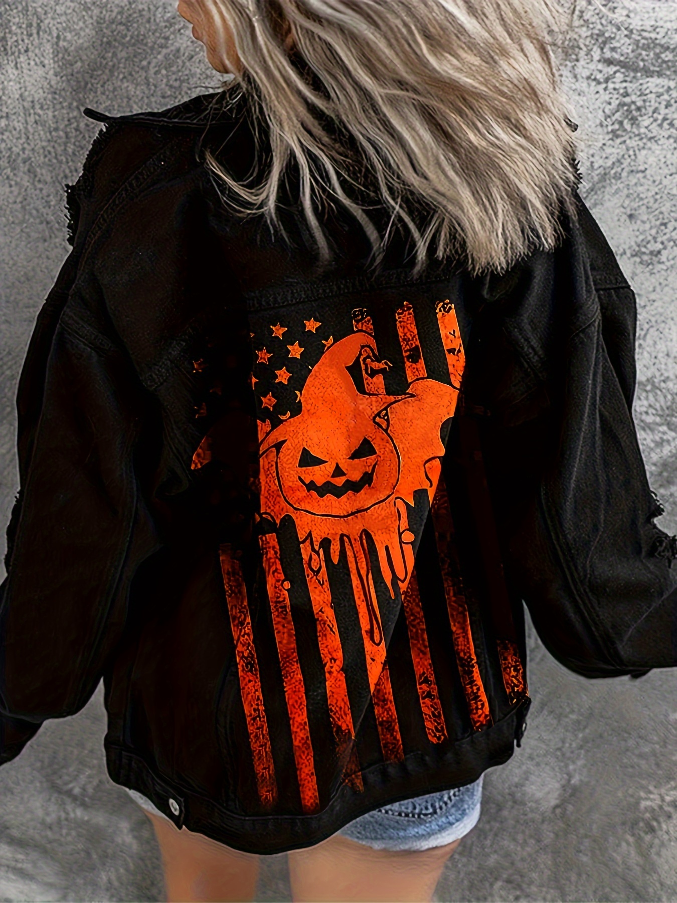 Pumpkin & Skeleton Print Denim Coat, Long Sleeves Ripped Holes Denim  Jacket, Halloween Women's Denim Clothing