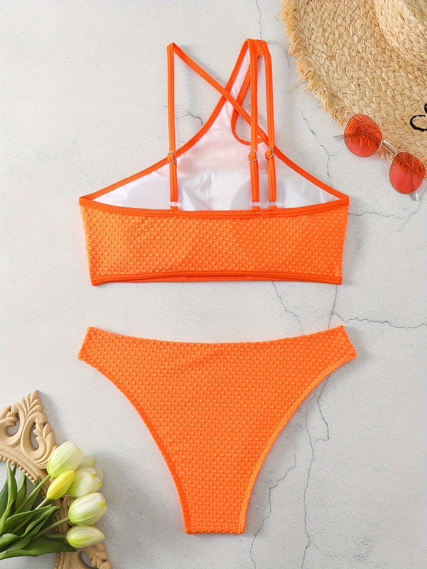 Texture Fabric Plain Orange Bikini Spaghetti Strap Stretchy - Temu