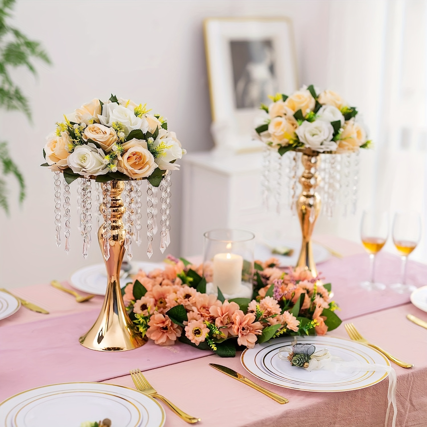  Centros de mesa de boda altos y dorados para mesas, 22.83  pulgadas de alto, 2 centros de mesa para comedor con cristal, jarrones para centros  de mesa, soporte de flores y