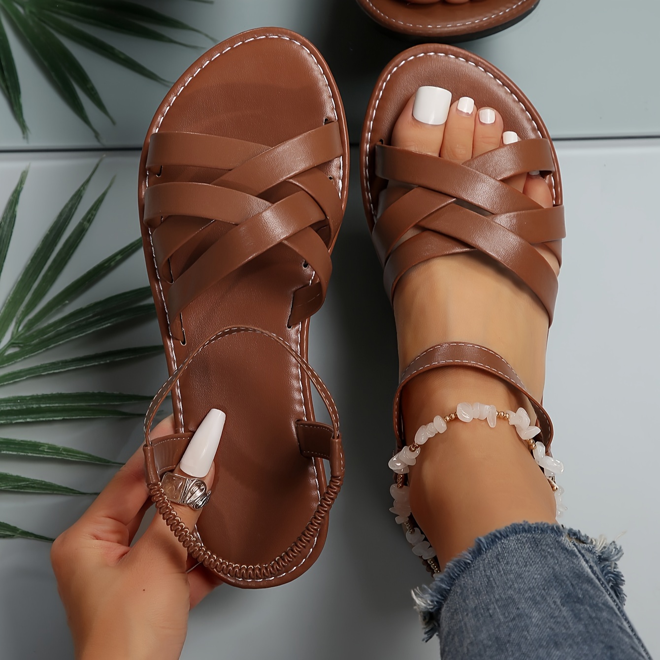 

Women's Summer Flat Sandals, Crisscross Strap Open Toe Elastic Strap Slip On Shoes, Lightweight Outdoor Beach Shoes