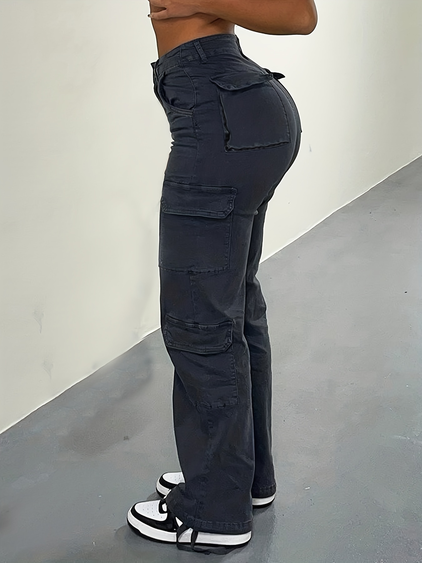 Women's Retro Denim Cargo Pants Casual High Waist Trousers Fashion Hippie  Streetwear Wide Leg Jeans Pants with Pockets