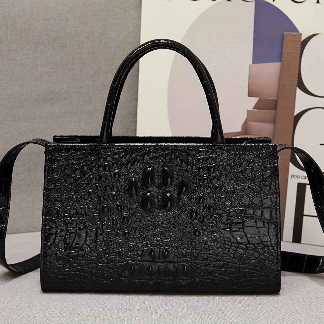 Elegant Crocodile Pattern Satchel Bag, Classic Pu Leather Top Handle Bag,  Women's Solid Color Shoulder Bag - Temu