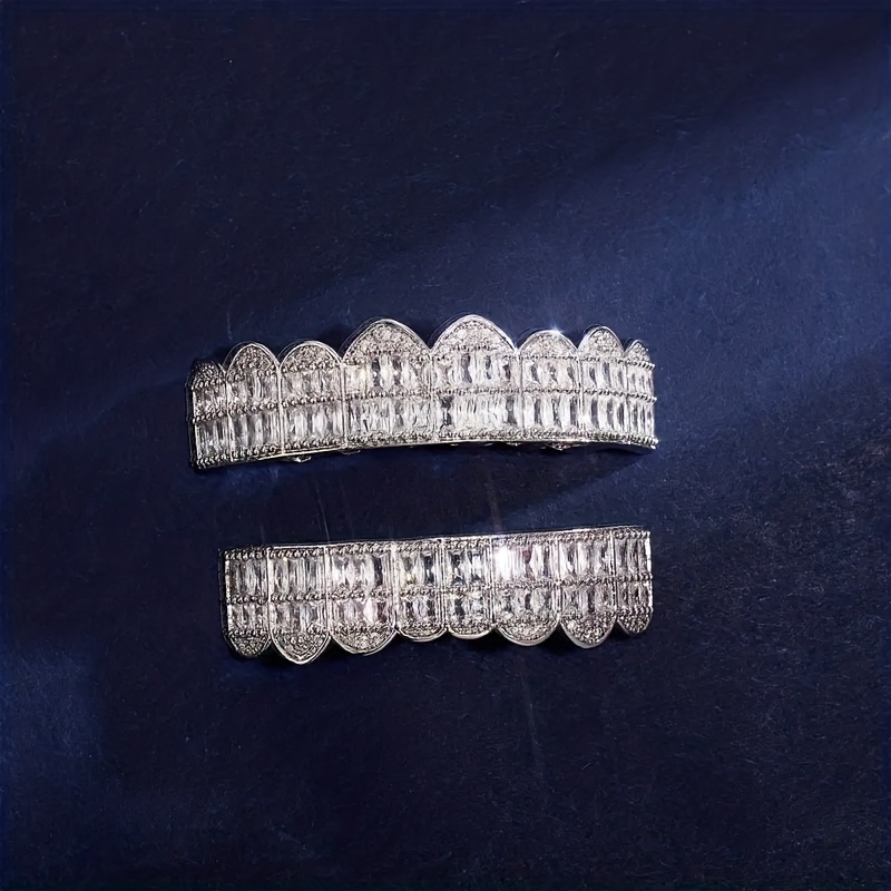 18K Unisex Big Gold Teeth Square Pave CZ 8 Teeth Top Bottom