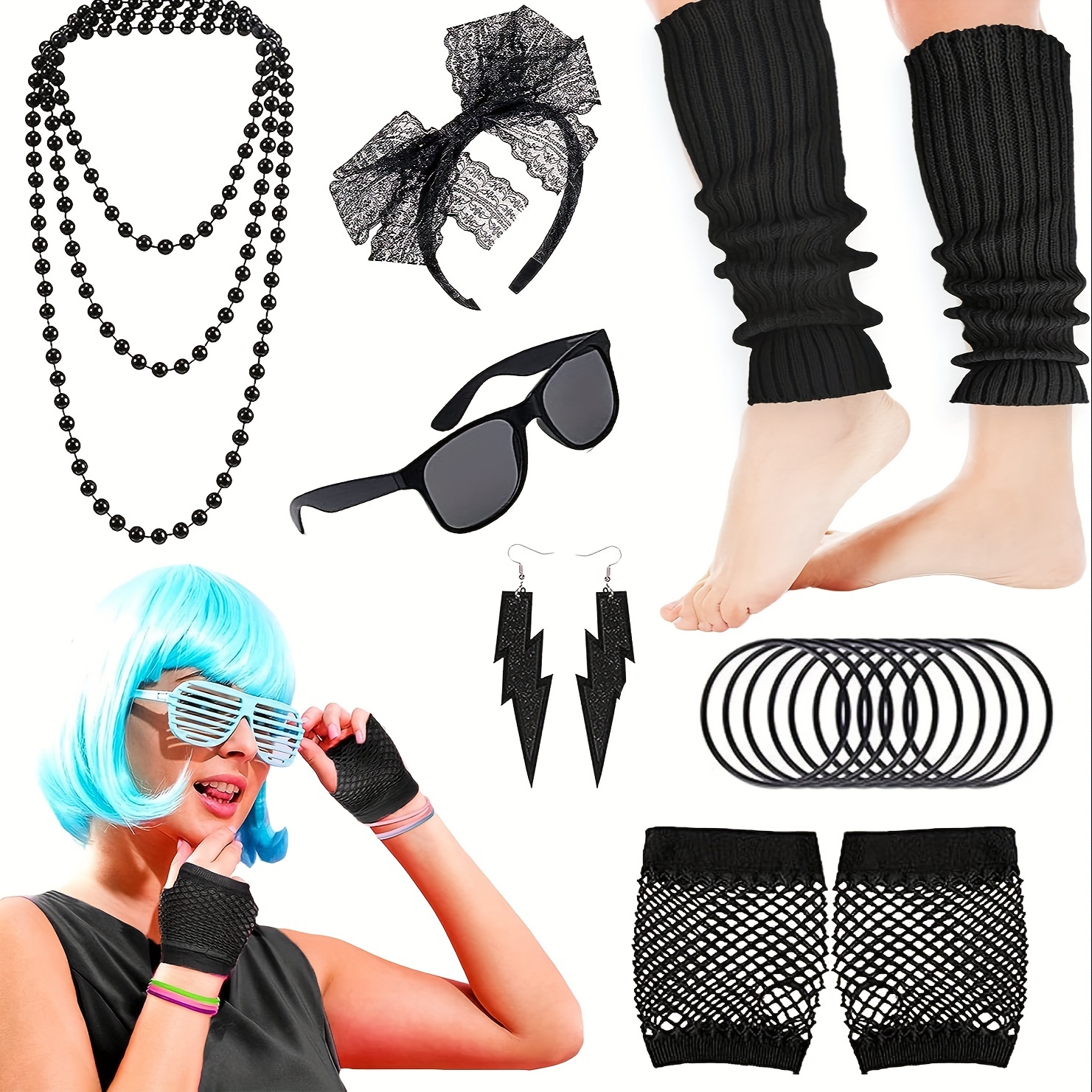 Accessoire de déguisement des années 80 - avec mèches de cheveux, lunettes,  boucles d'oreilles et gants | Accessoires de costume néon | Accessoires de