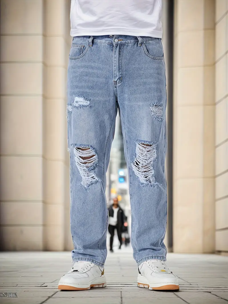 Plus Size Men's Solid Jeans Fashion Oversized Ripped Denim - Temu Austria
