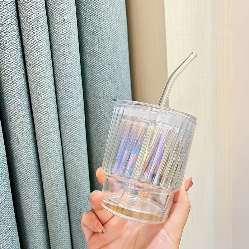 Ribbed Glass Tumbler With Lid And Straw Origami Style - Temu