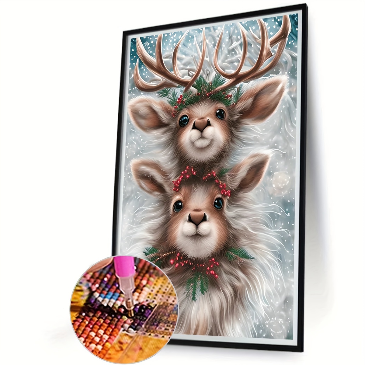 Maydear Small and Easy DIY 5d Diamond Painting Kits with Frame for Beginner  with White Frame for Kids 7×9 inch - (Christmas Brown Bear)