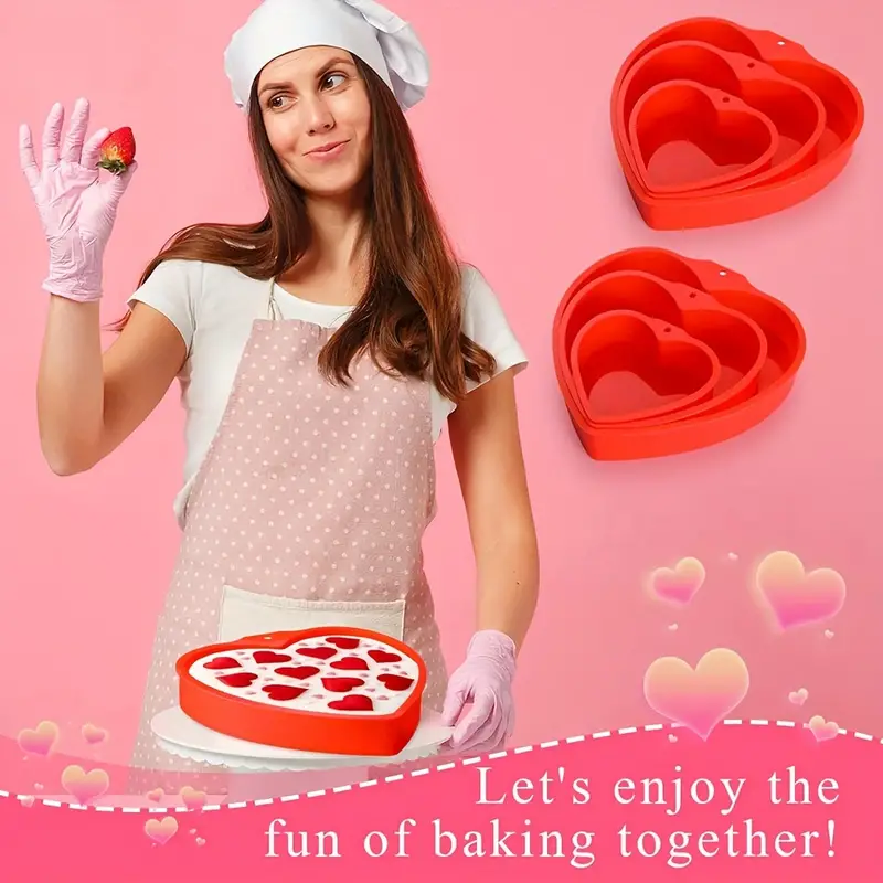 3pcs, Valentine's Day Heart Shaped Cake Pans, Red Heart Cake Molds, 8in 6in  4in Love Silicone Molds, Nonstick Heart Baking Pans, Reusable Heart Molds