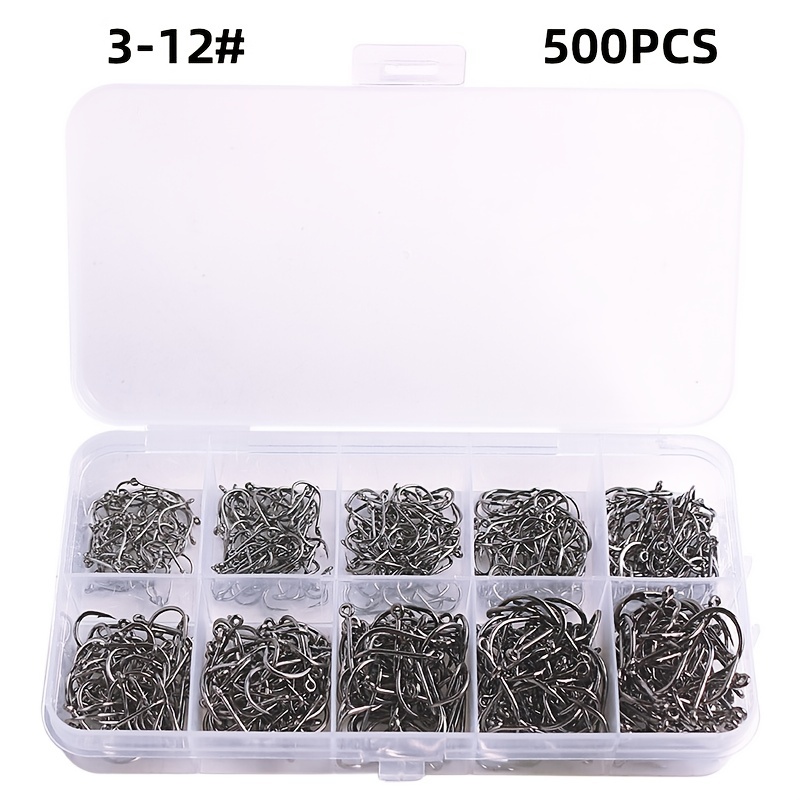 500pcs Fishing Hooks: 10 Sizes Carbon Steel Tackle With Plastic Box - Catch  More Fish!