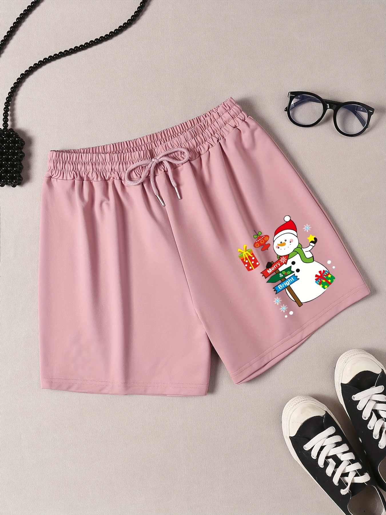Women's Plus Snowman Print Drawstring Elastic Waist Shorts