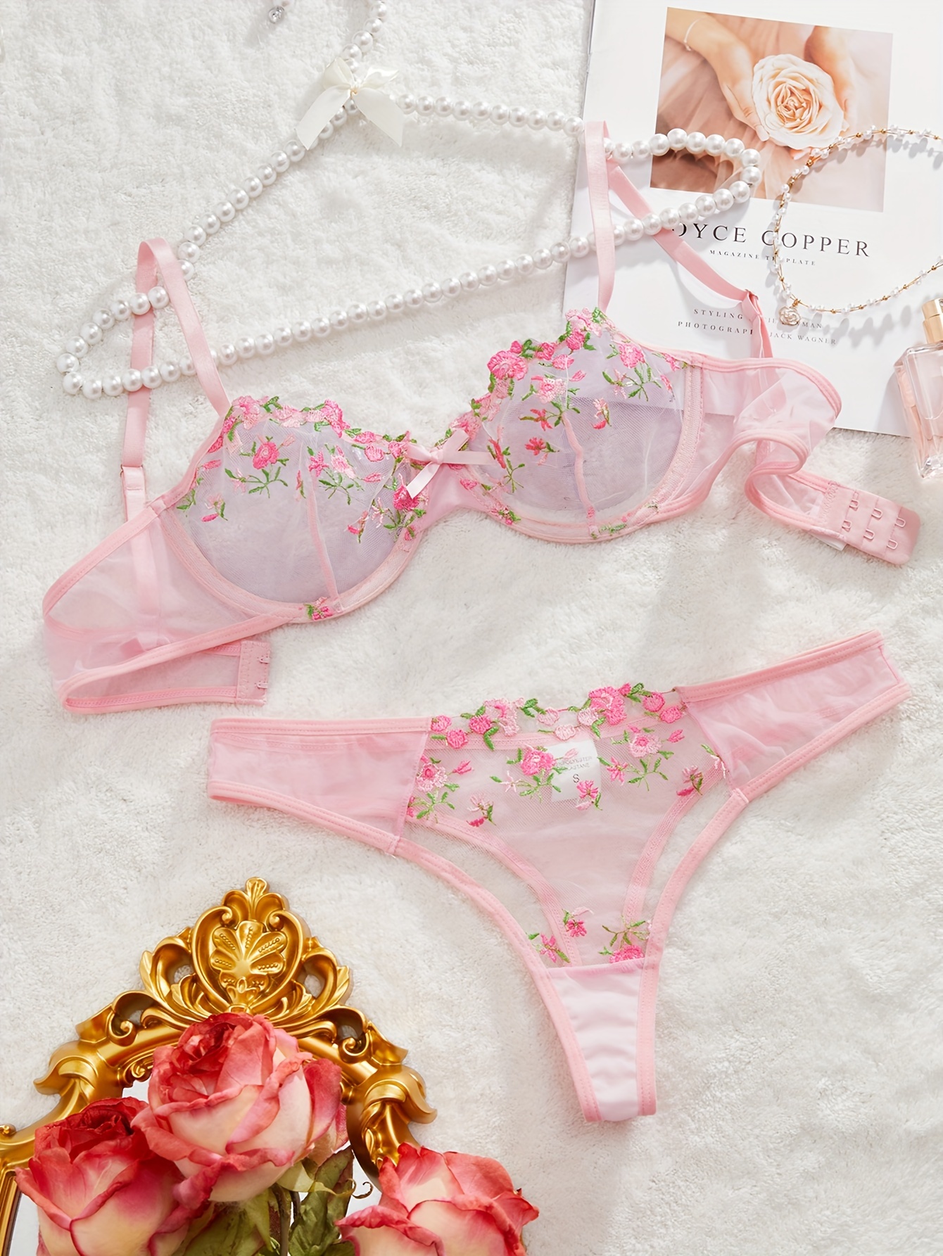 Solid Floral Embroidery Lingerie Set Lace Trim See Bra - Temu