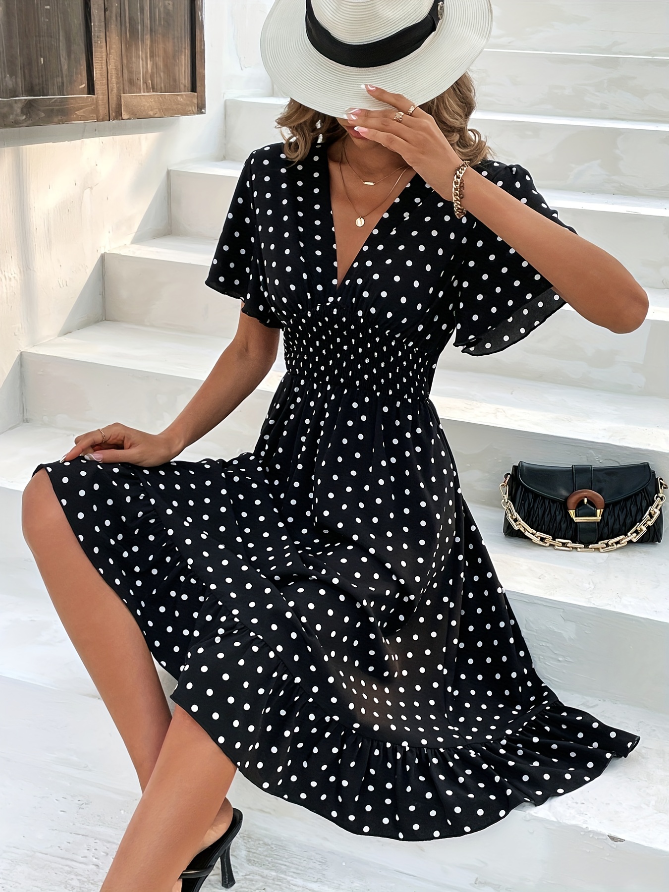 polka dot ruffle trim dress casual v neck short sleeve a - Temu United Arab  Emirates