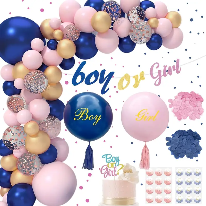 Set, Baby Shower Balloon Kit, Boy Or Girl Banner, Huge Printed Balloon ***  Blue Confetti, Navy Blue *** Balloon, Metallic Golden Balloon, Baby Show