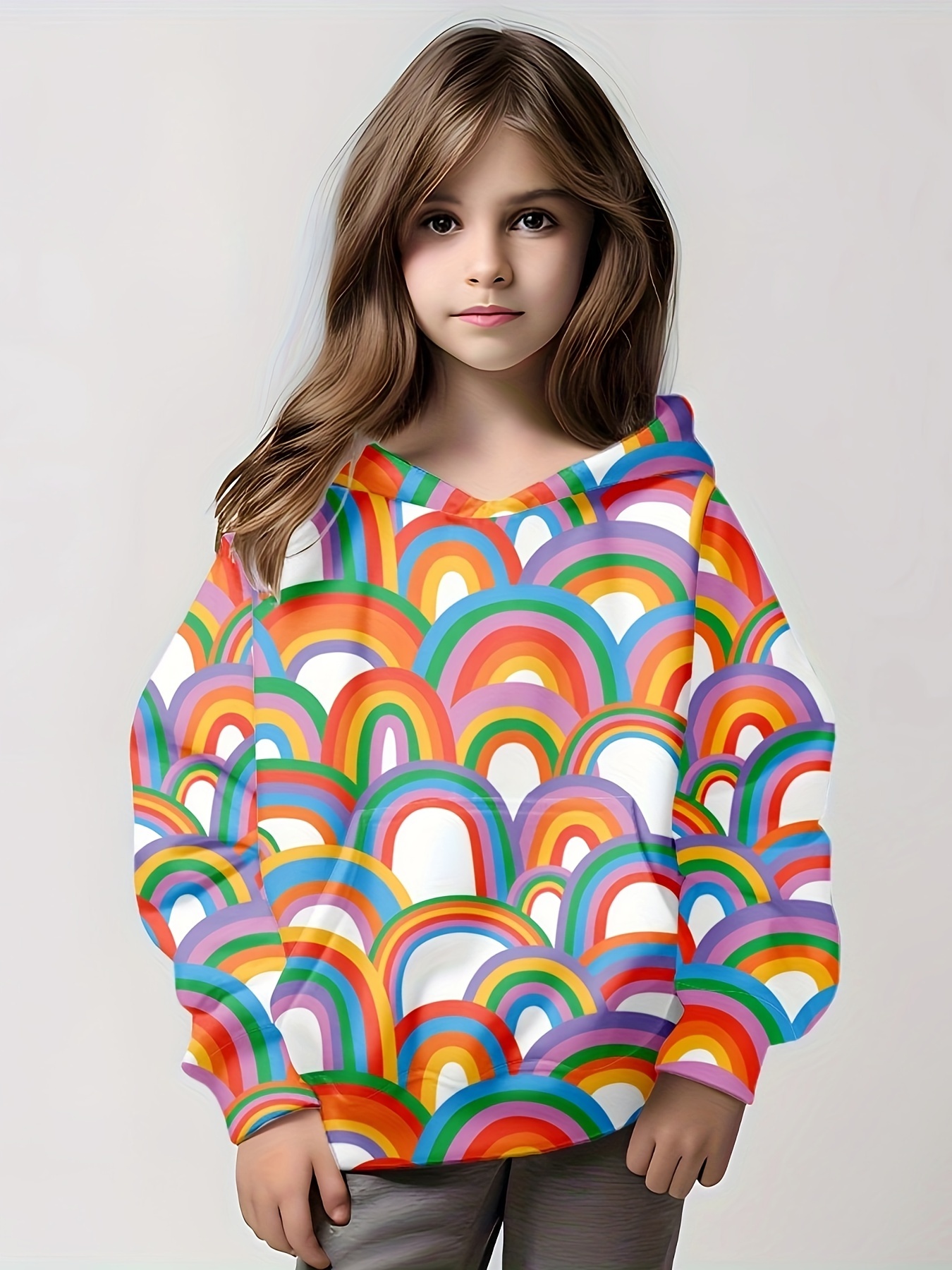 Girls Sweet Rainbow Color Graphic Long Sleeve Button Front - Temu