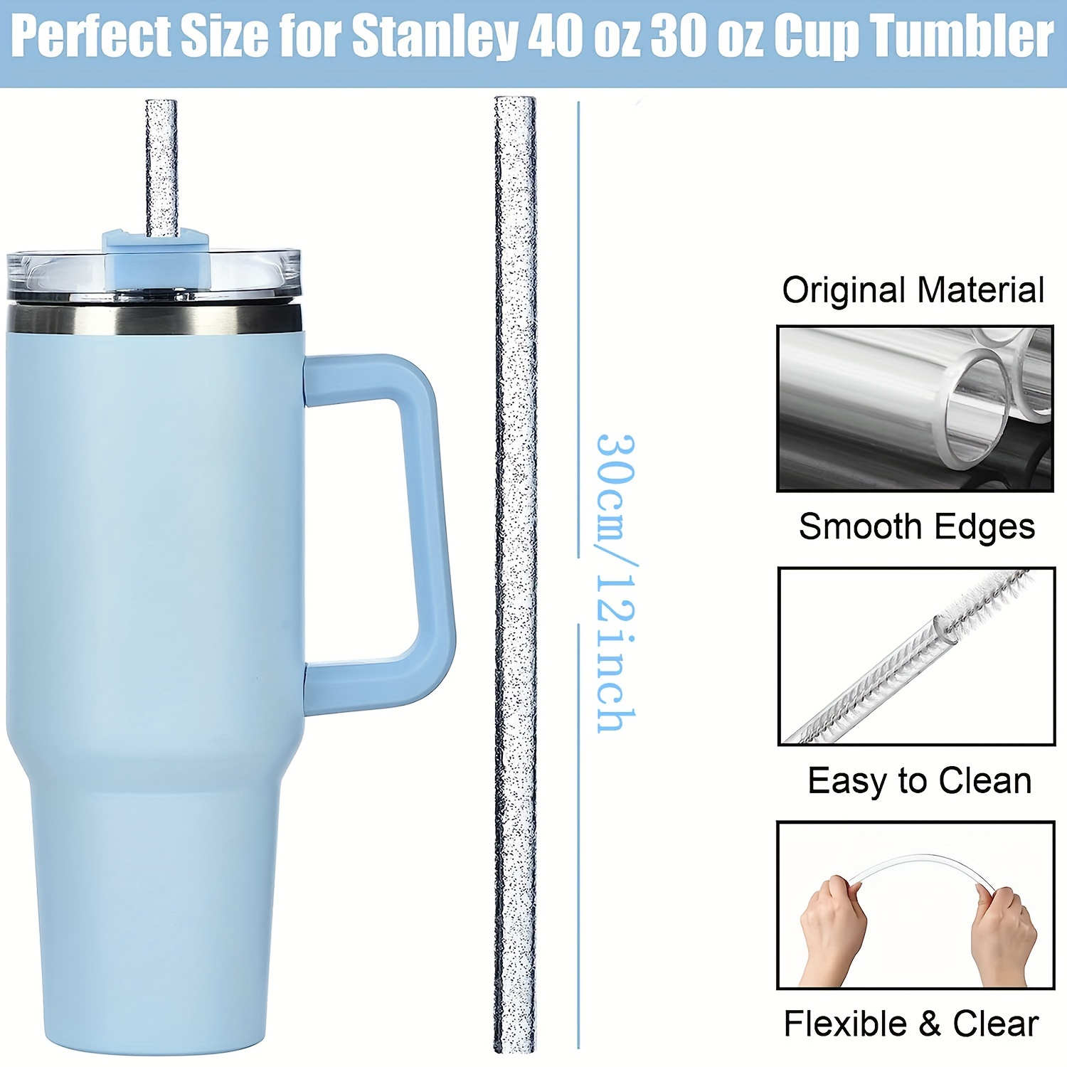 12pcs Replacement Straws for Stanley 40 oz 30 oz Tumbler Cup Reusable Straws  Plastic Straws with Cleaning Brush for Stanley Adventure Travel Tumbler  with Handle Long Straws for Stanley Cup Accessories 