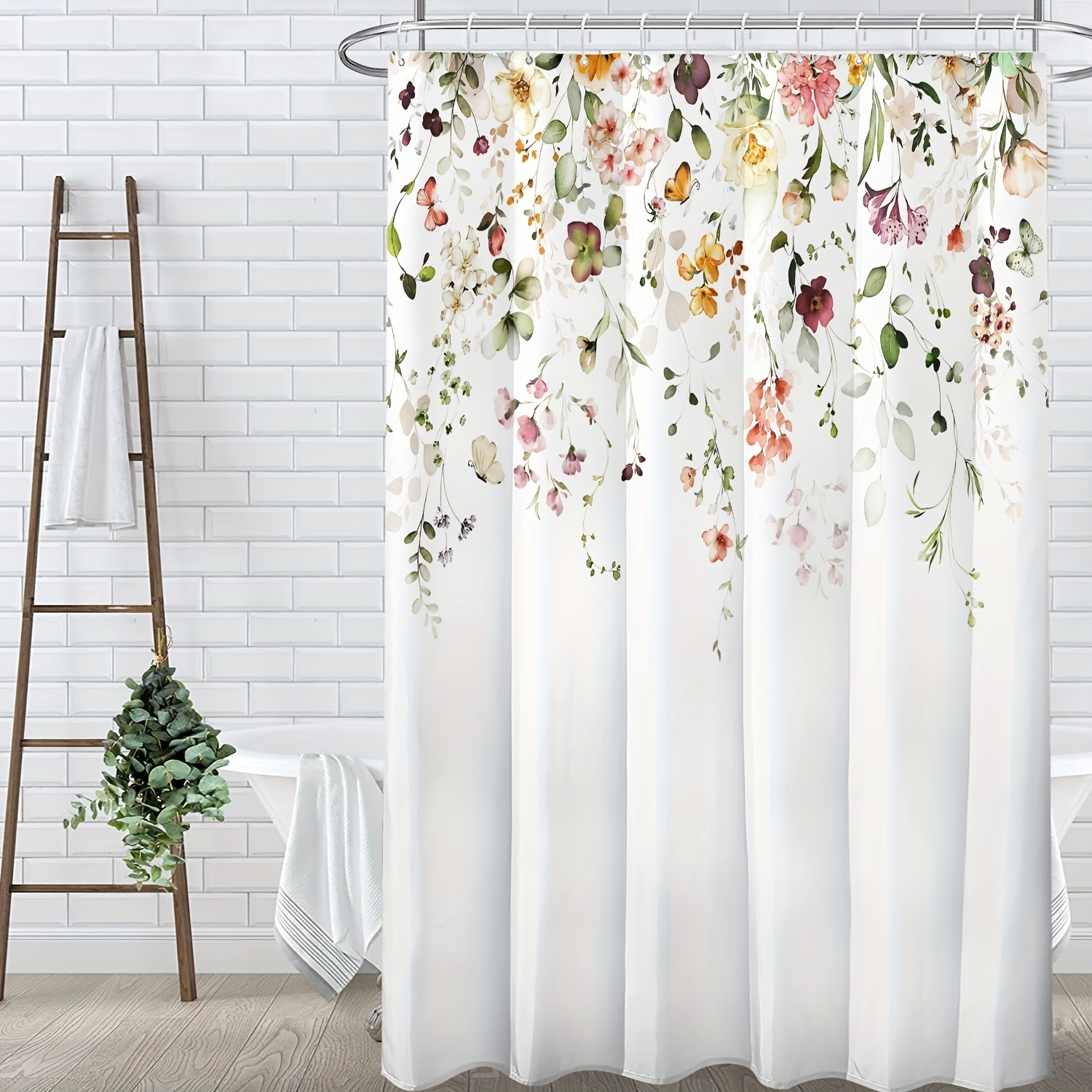 

1pc Floral Butterfly Meadow Shower Curtain, Colorful Flowers Bathroom Decor With Plastic Hooks, Machine Washable, Waterproof Curtain For Home And Hotel Room Window Decoration