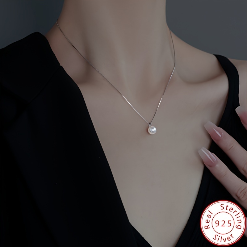 Simple 925 Sterling Silver One Simulated Pearl Pendant Invisible Fishing  Line Choker Necklace for Women