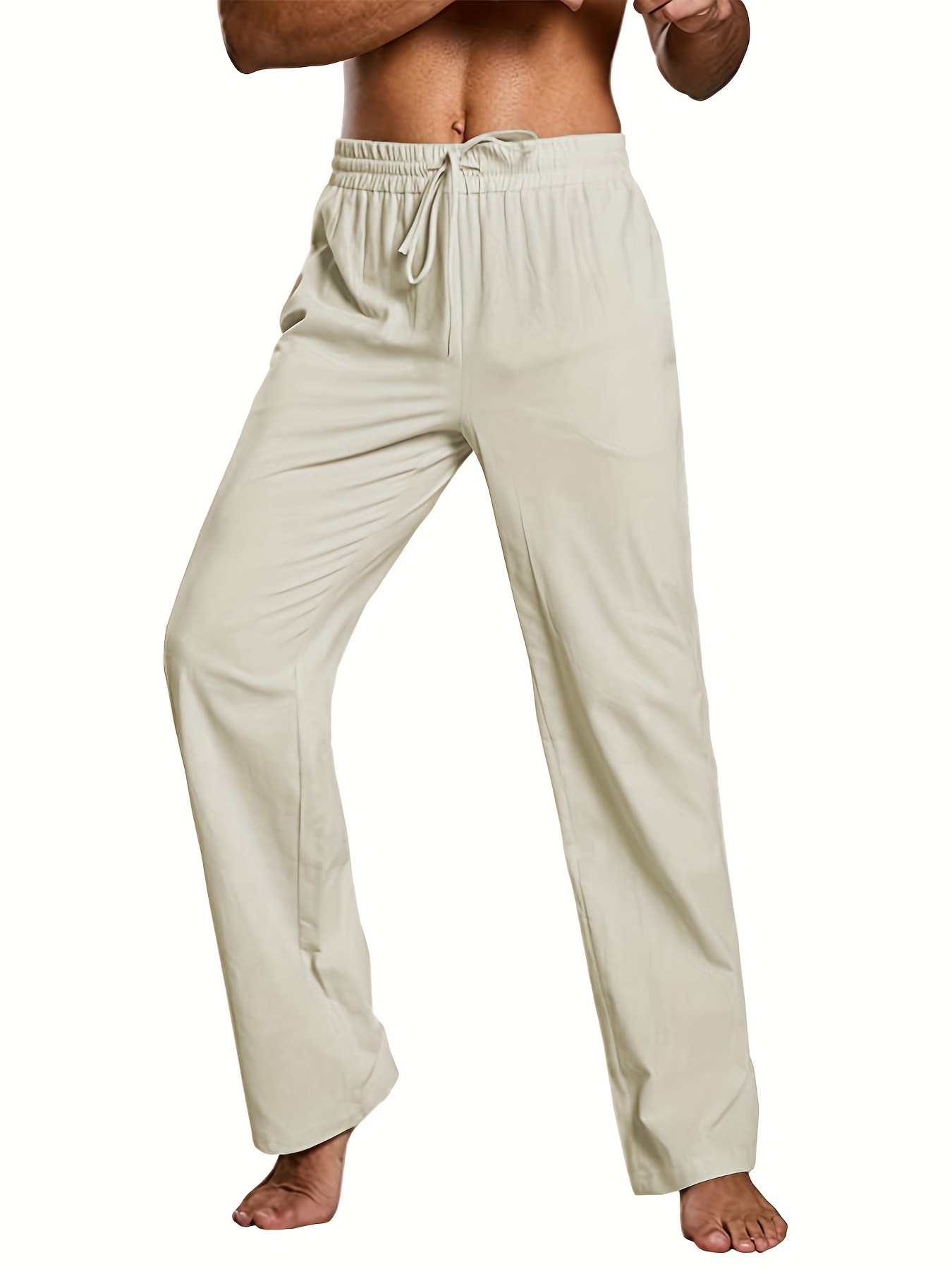 Enjoybuy Mens Summer Cotton Linen Long Casual Pants, 01-beige