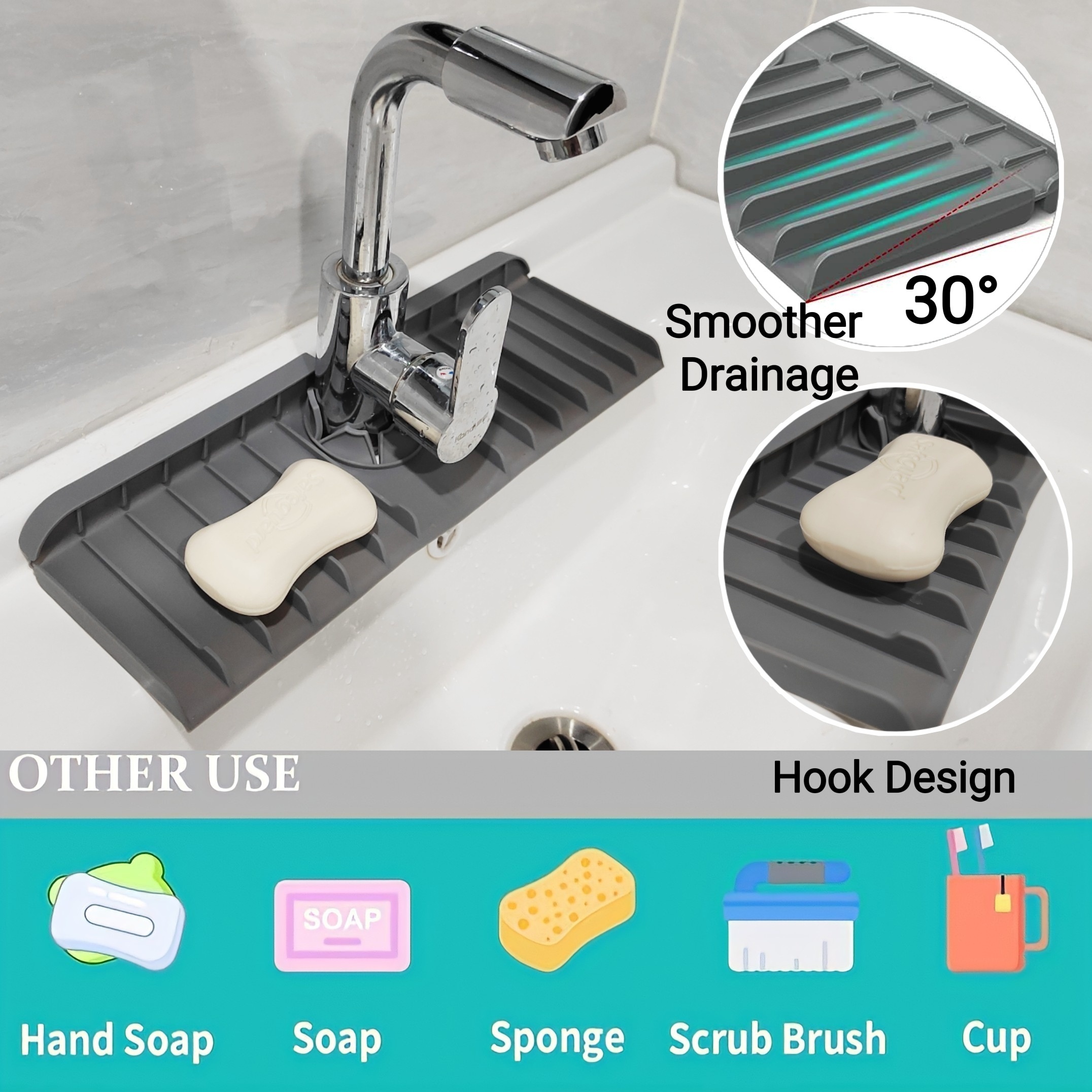  2 PCS Silicone Kitchen Faucet Mat and Soap Tray with