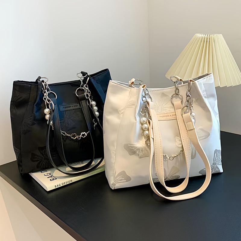Trendy Flower Pattern Tote Bag, Large Capacity Shoulder Bag, Women's Faux  Pearl Chain Handbag - Temu