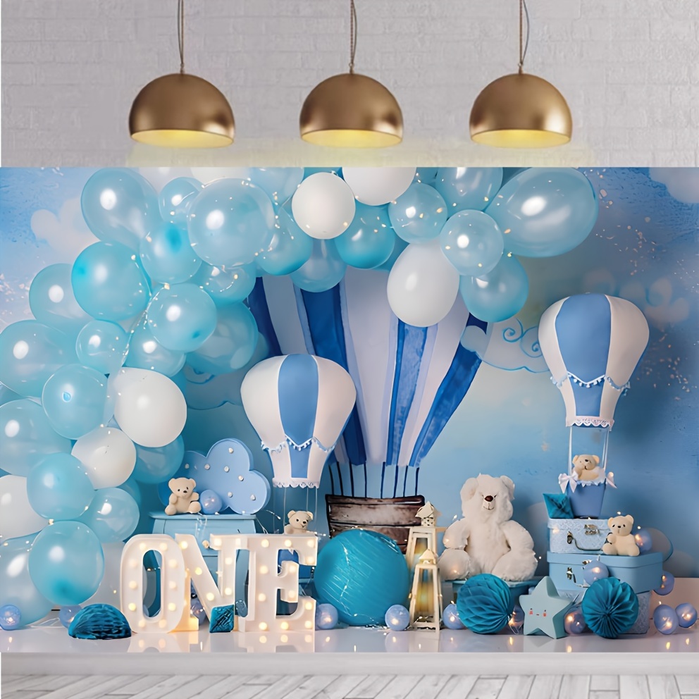 1pc Photography Backdrop Blue Hot Air Balloon Bear Boy 1st Birthday Party  Background Banner Cake Table Decoration Vinyl