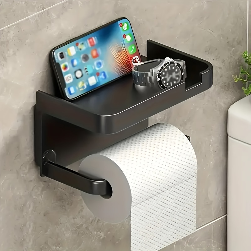 Black Toilet Paper Holder with Shelf, Easy-To-Install ,Toilet