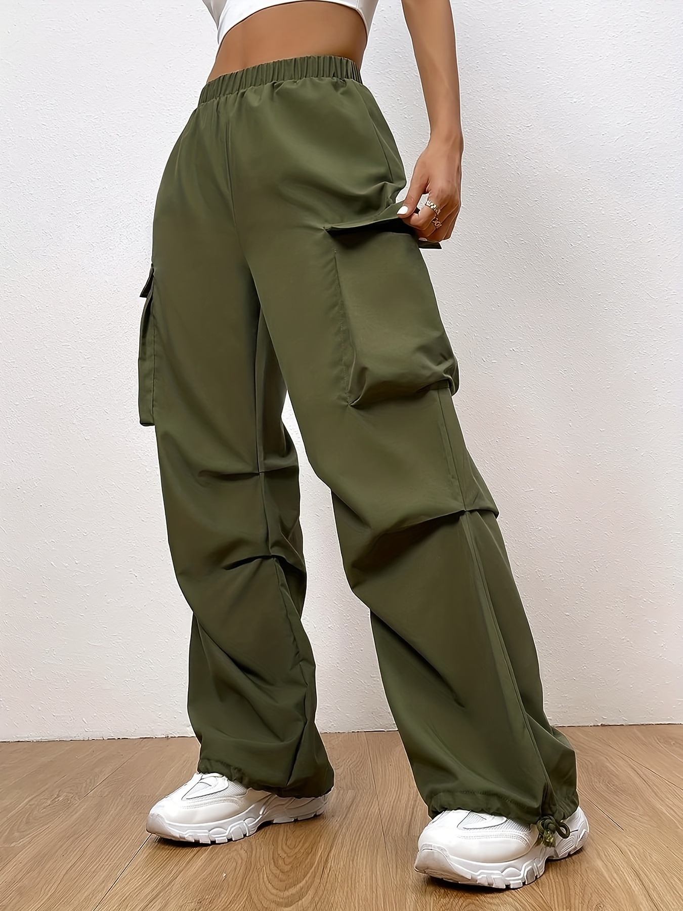 Women Casual Solid Color Skinny Cargo Pants Pockets Drawstring Joggers  Trouser