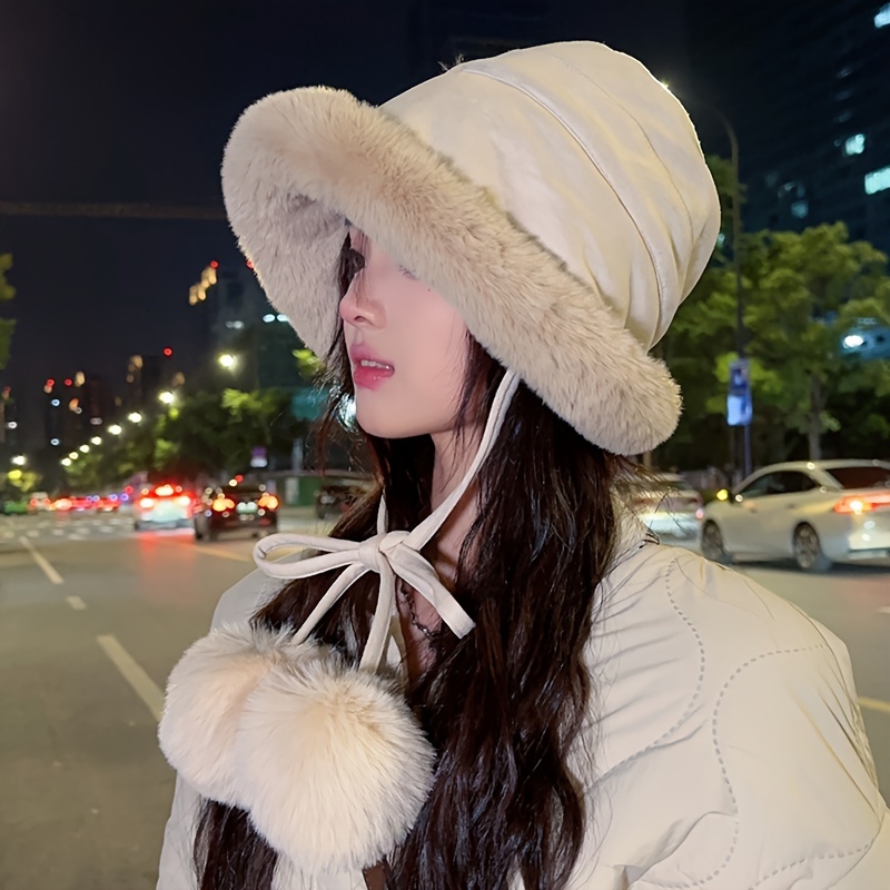 Thickened Fuzzy Bucket Hat Classic Solid Color Coldproof Ear - Temu