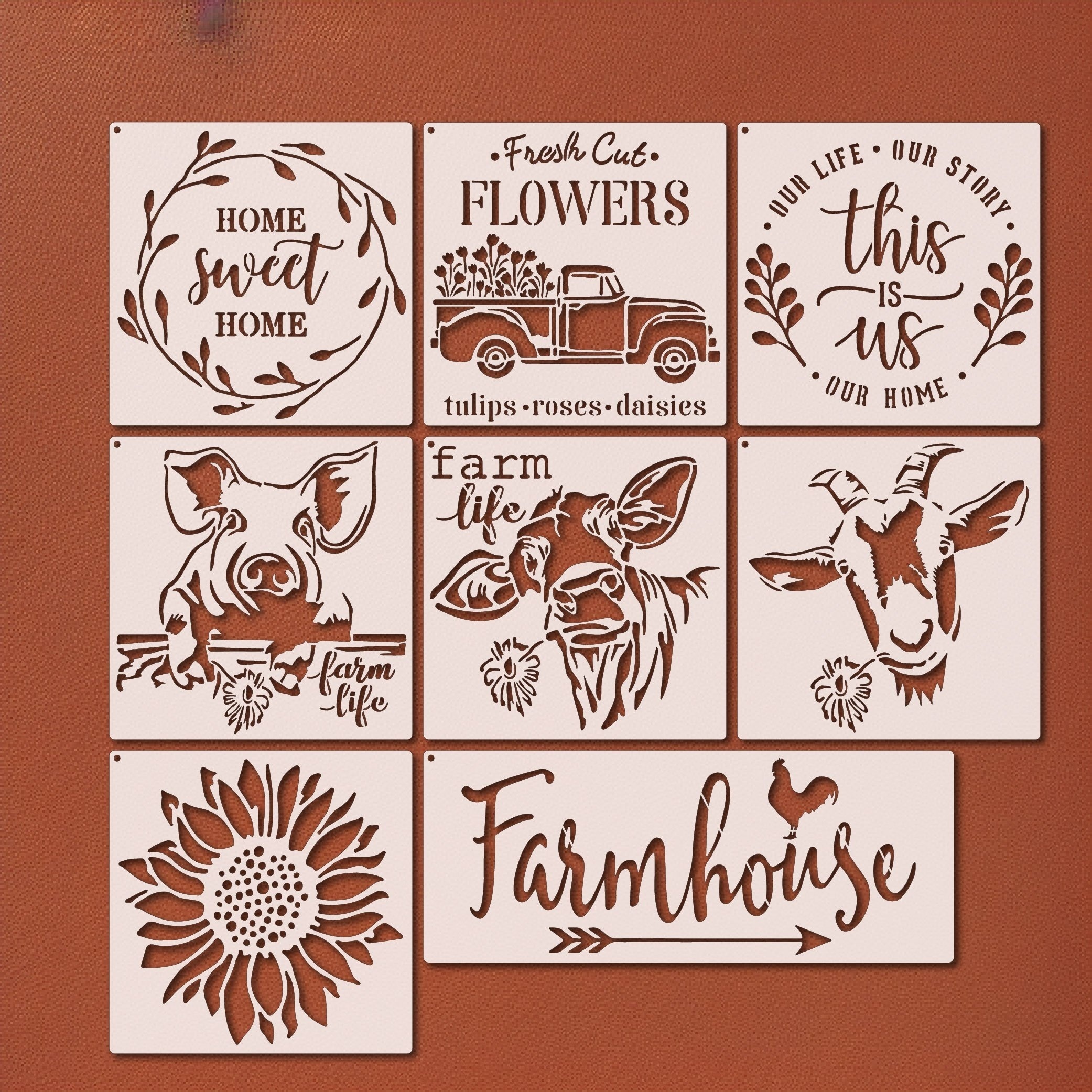 Farmhouse Stencils, 6 Pcs Farm Animals Theme Reusable Stencils for Painting  on Wood, Cow Sunflowers Bee Pig Sheep Hen Chicken Egg Stencils for Drawing