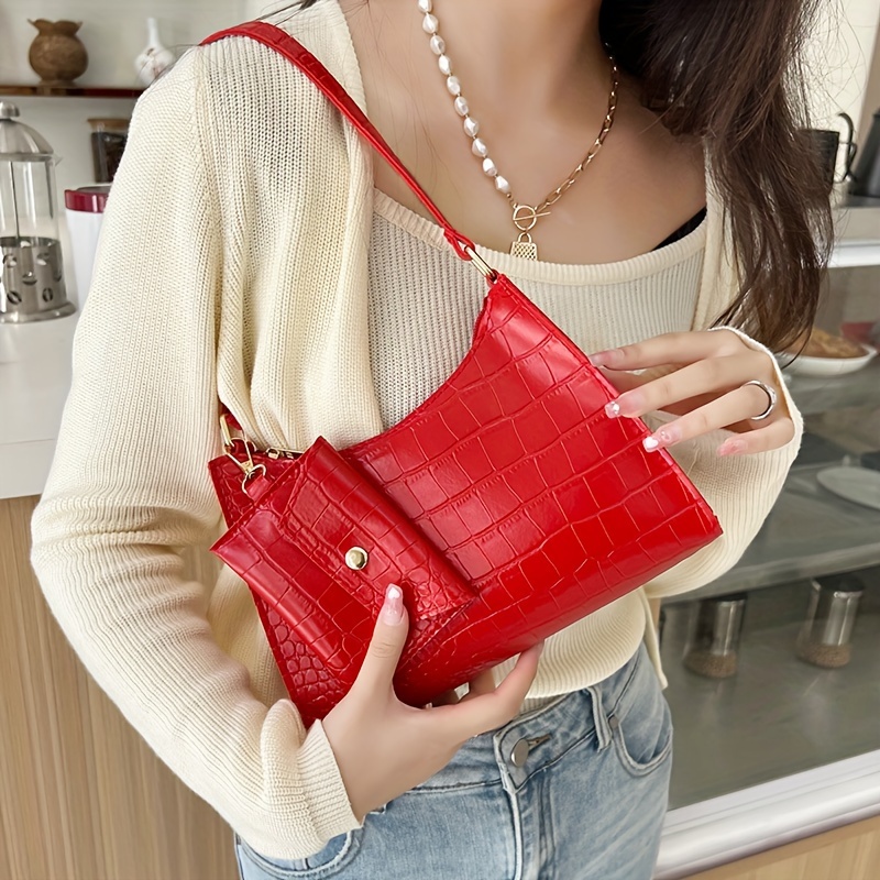 Crocodile Embossed Felt Hobo Bag Fashion Hobo Bag Stylish Women's Faux  Leather Shoulder Bag Trendy Solid Color Underarm Bag