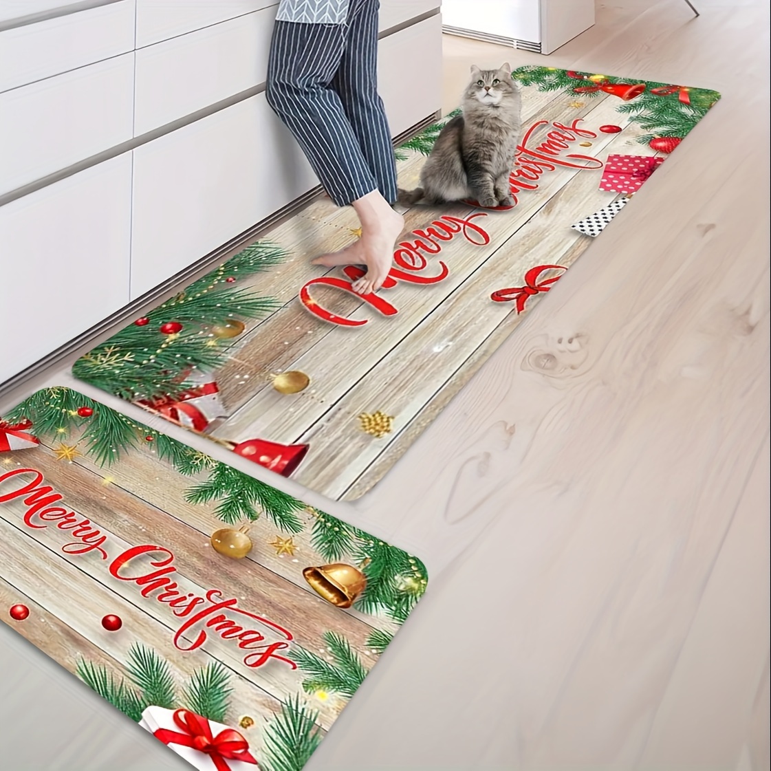  Christmas Kitchen Rugs and Mats Set (2 PCS), Merry