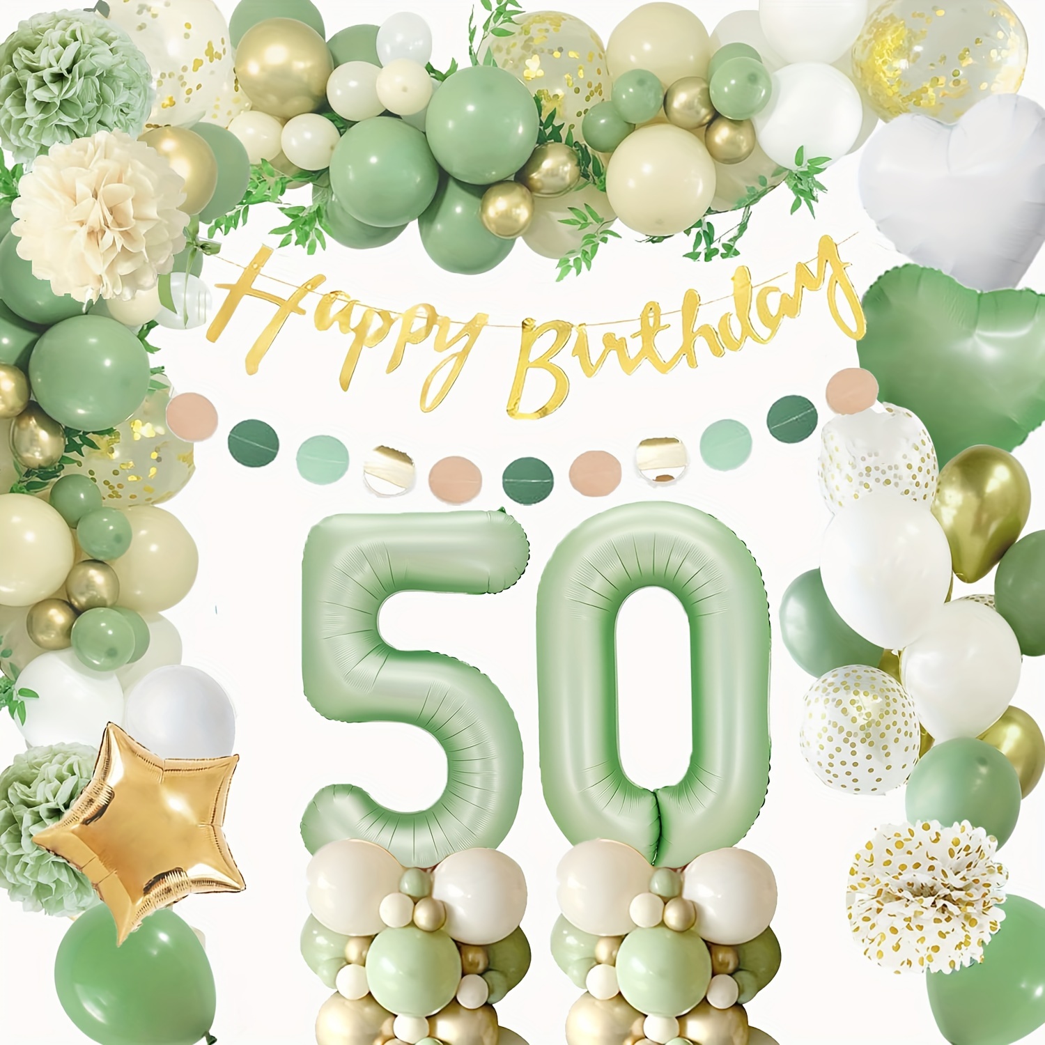 

70pcs, 50th Birthday Party Decorations For Women Men, Green Golden White And Number 50 Balloons, Happy Birthday Banner, Cake Topper, Paper Poms For 50 Birthday Party Decoration, Home Decor