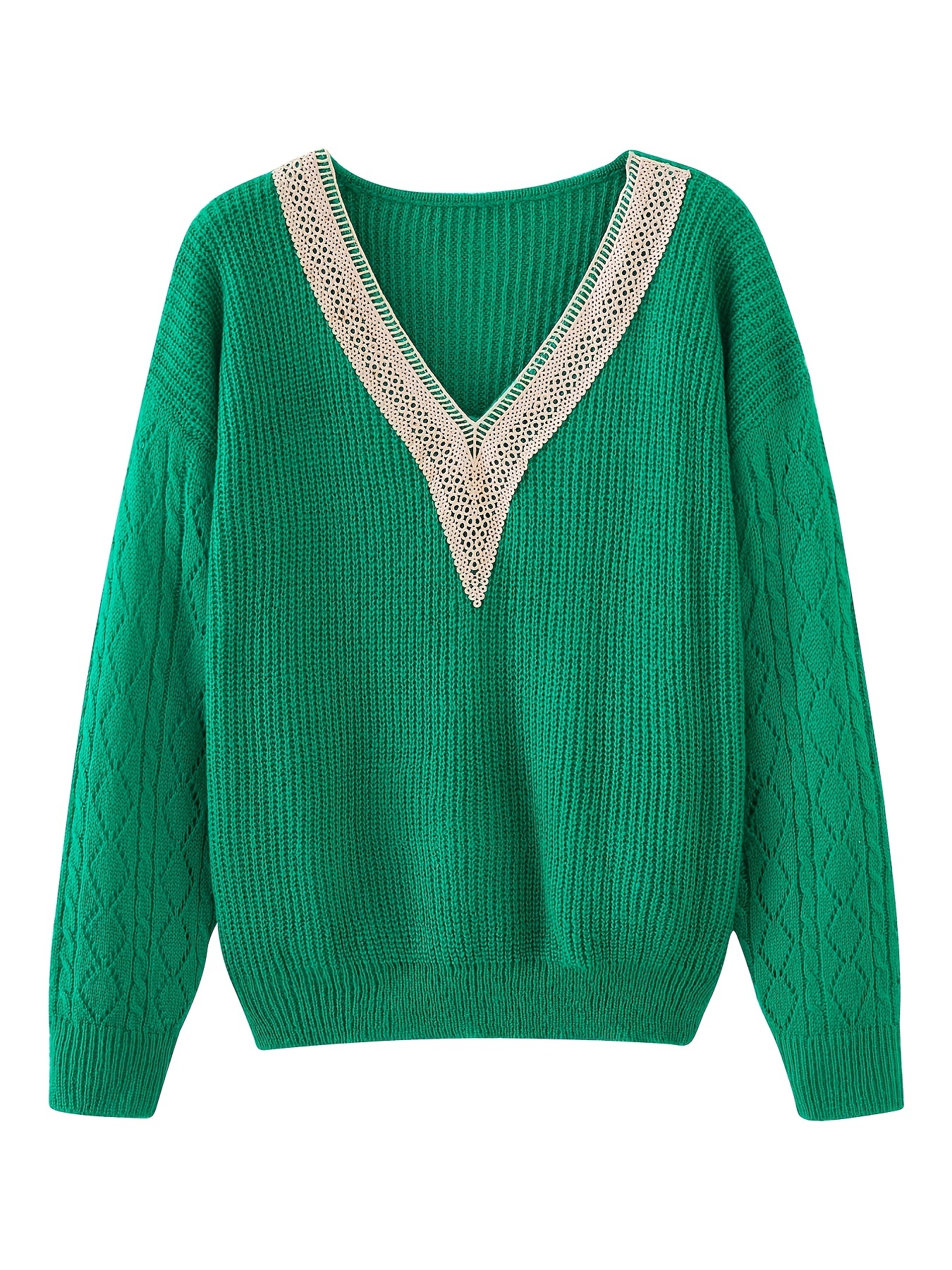 Solid V Neck Pointelle Knit Sweater Cute Long Sleeve Crop - Temu