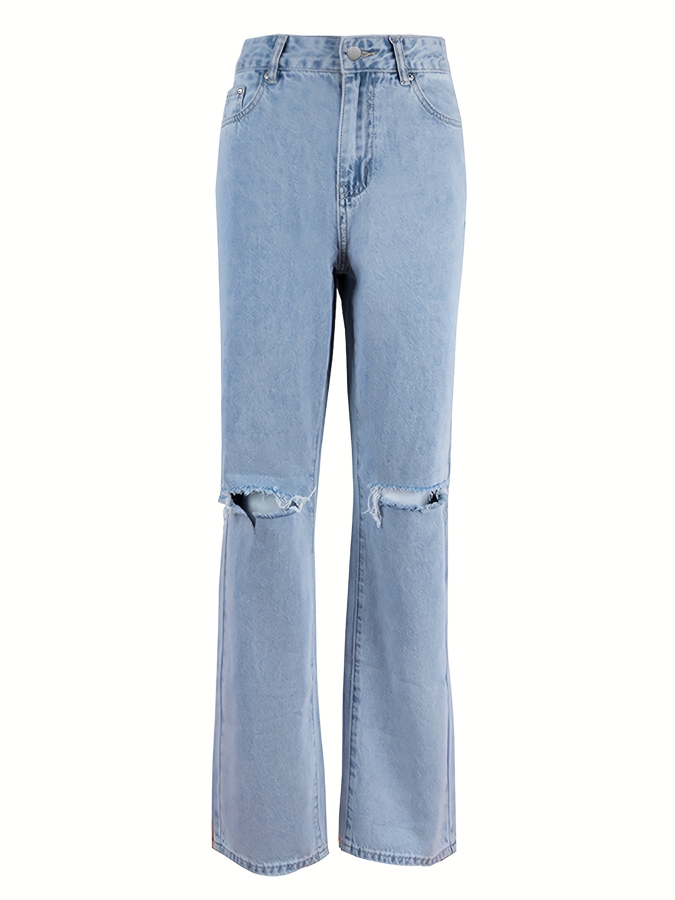 High Straight Legs Loose Baggy Jeans Ripped Knees Cut - Temu Poland