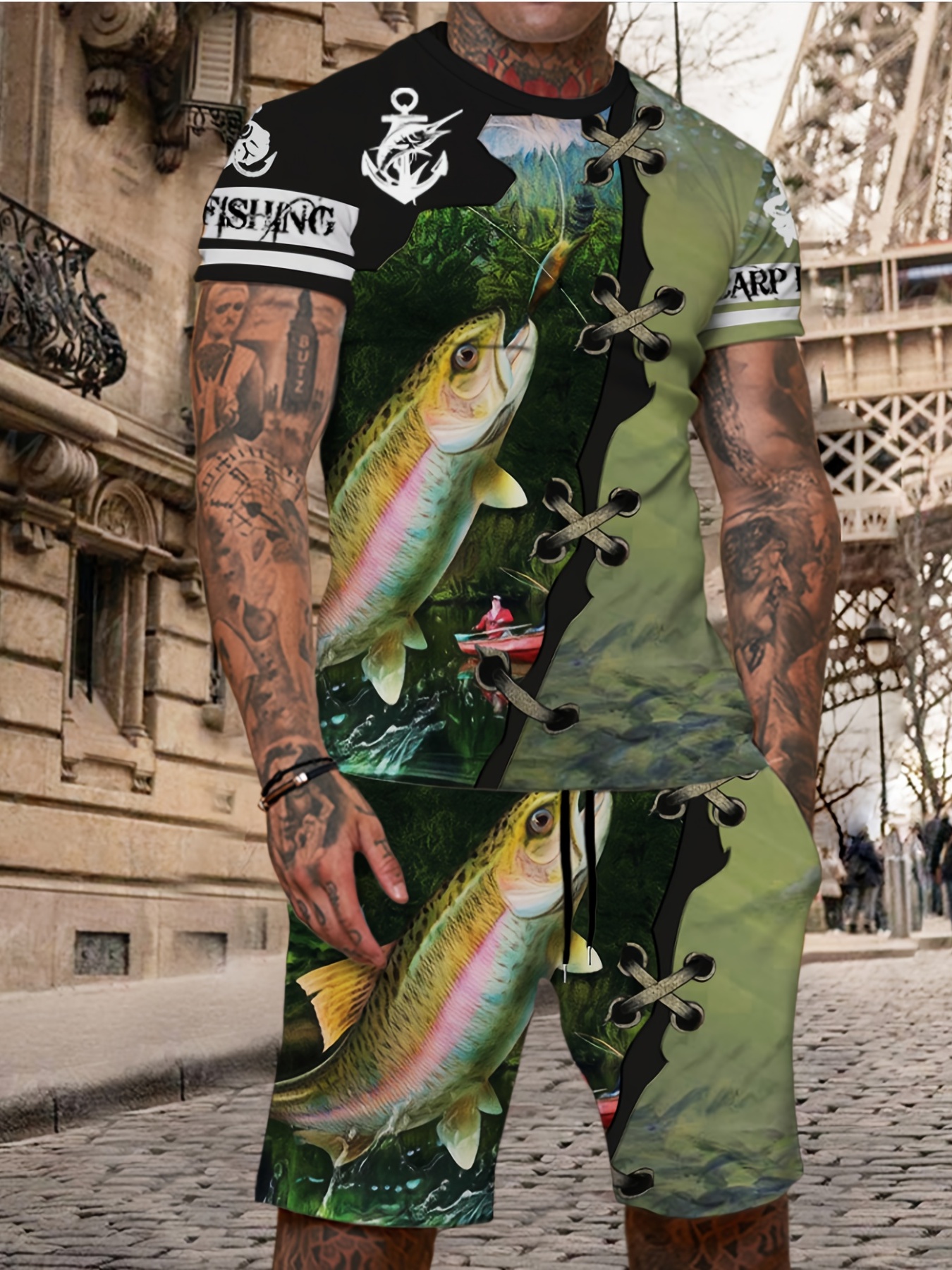 Plus Size Men's Contrast Color 3D Fish Graphic Print T-shirt & Shorts Set  For Workout/outdoor, Trendy Oversized Loose Fit 2Pcs Tracksuit For Big & Tal
