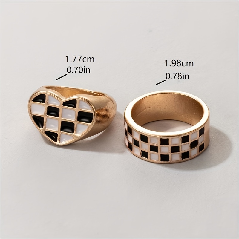 Chunky Heart Rings + Minimalist Band Ring Trendy Checkerboard