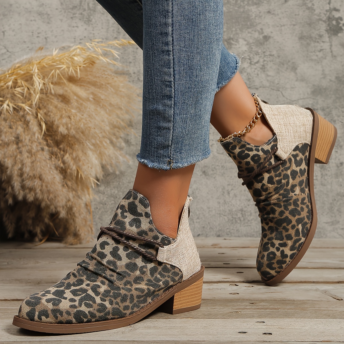 Women's Leopard Print Ankle Boots Retro V Cutout Chunky Low - Temu