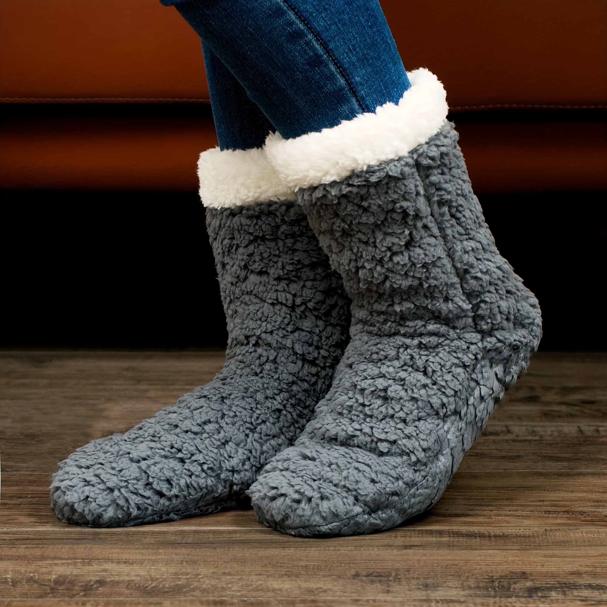 THE COMFY Slipper Socks, Women's Soft, Cozy Socks with Non-Skid Sole, Gray Chenille Exterior and Sherpa Lining