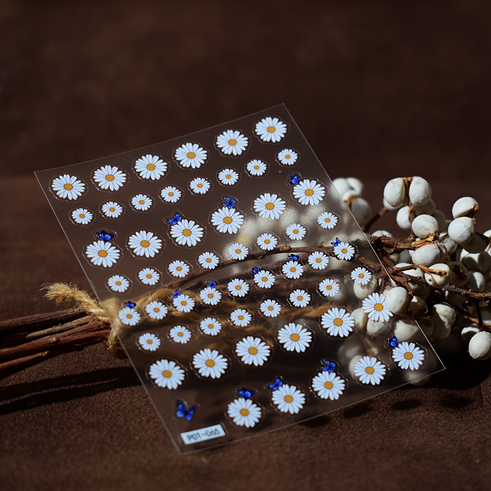 Image of New Craft Daisy Flower Nail Stickers With Blue Designs, Nail Art Supplies, And Additions For Women's Nail Decoration