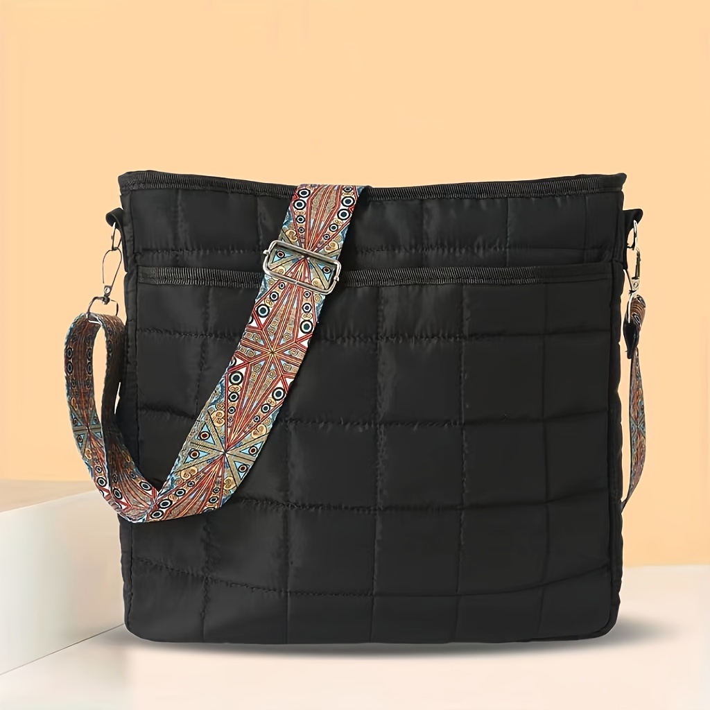 Quilted Crossbody Hobo Bag, Women's Large Capacity Shoulder Bag For Work, Trendy Wide Shoulder Strap Tote Bag, Padded Argyle Crossbody Bag For Commuter