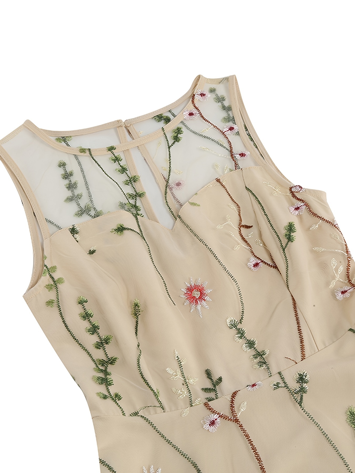 Embroidery Mesh Floral Print Dress Vintage Sleeveless Ruffle Hem