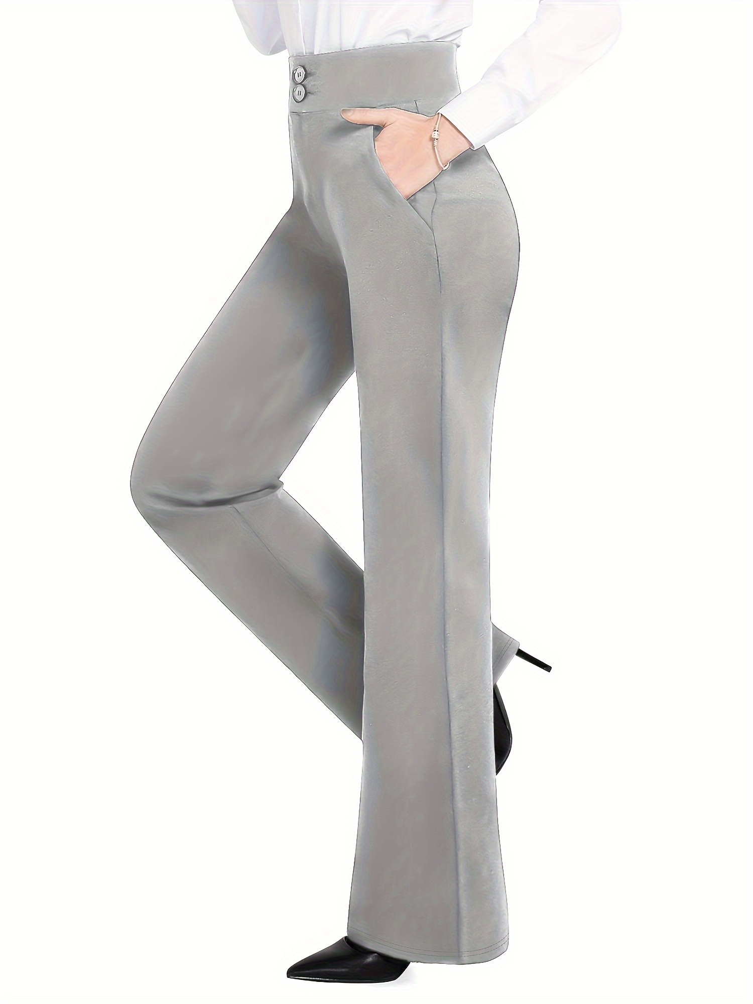 Solid High Waist Slim Trouser, Elegant Pocket Pants For Work & Office,  Women's Clothing