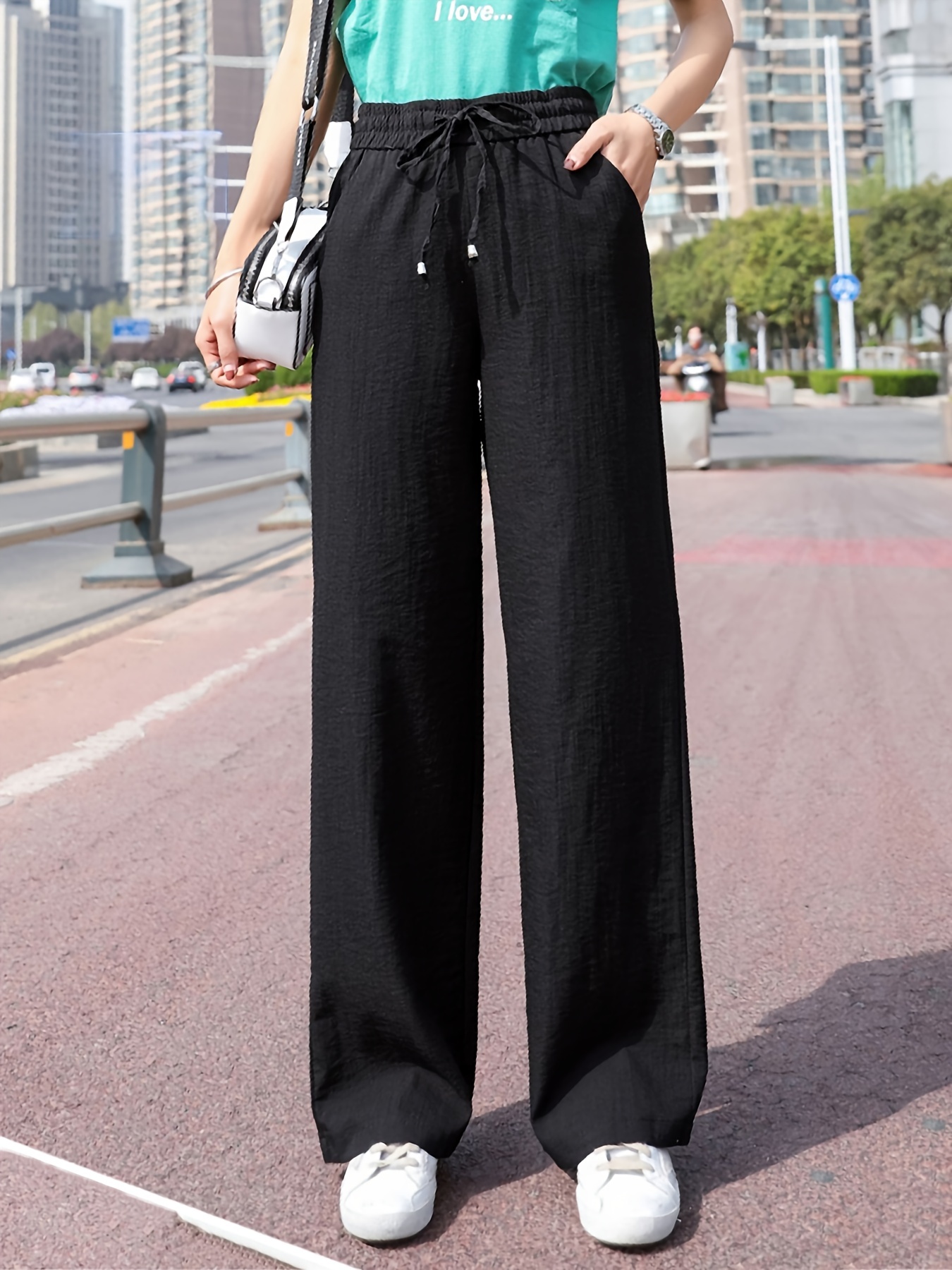 Women Solid Elastic Waist Drawstring Loose Trousers Casual Wide Leg Cropped  Pants